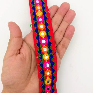 Red And Blue Indian Mirror Trim Kutch Embroidered Navratri Garba Dress Trim Bridal Lace, Sari Border 30 mm Wide Trim Per 3 Yards